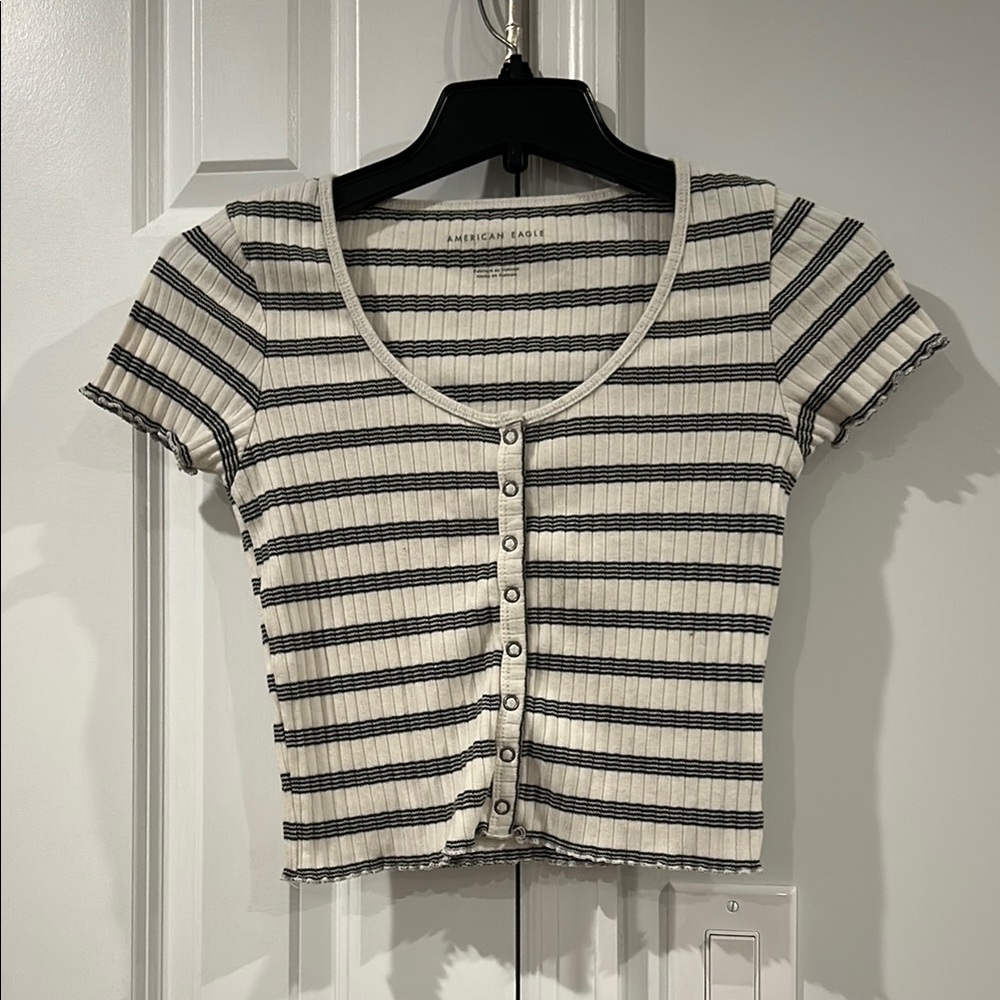 American Eagle Outfitters White and Black Striped Ribbed Button-Front Crop Top